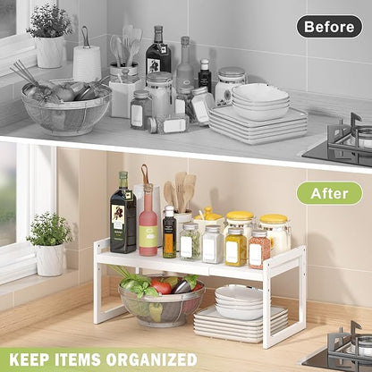 DOLALIKE Expandable Kitchen Countertop Organizer, Stackable Cabinet Shelf Organizers, Space Saving Spice Rack Pantry Storage for Bathroom Office Organization (White, 1 Tier)