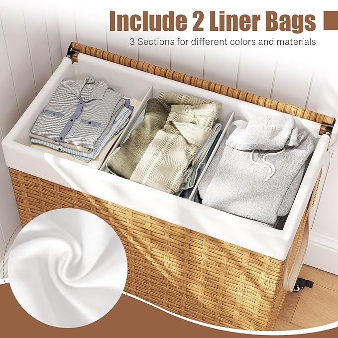 GOFLAME Laundry Hamper with Lid and Wheels, 125L Hand Woven Rattan Laundry Basket with 3 Divided Sections, Handles, 2 Removable and Washable Liner Bags, Dirty Clothes Hamper for Bedroom (Natural)