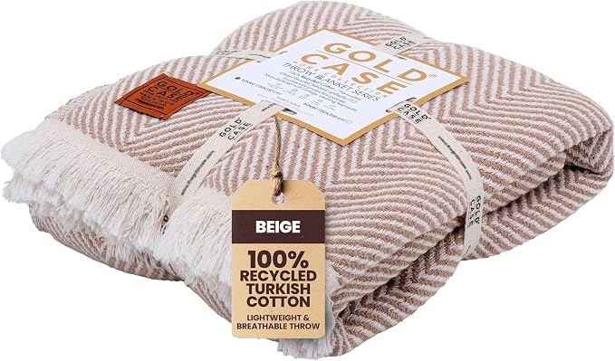 Gold Case Throw Blanket for Couch – 100% Recycled Turkish Cotton Blankets & Throws – Elegant Decorative Throw Blankets for Living Room Sofa – Woven Throws for Couch – Elegant Beige – 50x60
