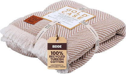 Gold Case Throw Blanket for Couch – 100% Recycled Turkish Cotton Blankets & Throws – Elegant Decorative Throw Blankets for Living Room Sofa – Woven Throws for Couch – Elegant Beige – 50x60