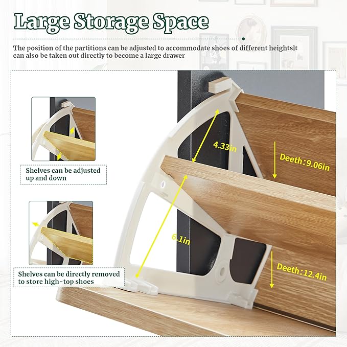 Narrow Shoe Cabinet Storage for Entryway,Slim Shoe Cabinet with 2 Flip Drawers, Fluted Shoes Rack Organizer (Natural with Black, 2 Drawers)