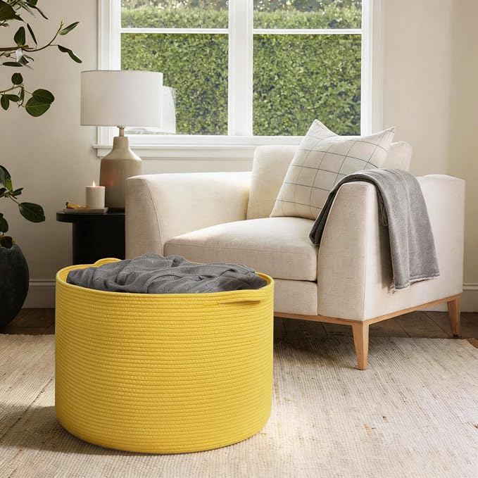 MEGASKET Extra Large 115L Yellow Basket, 23.6" x15.7 Cotton Rope Yellow Decor for Living Room Bedroom, Woven Basket for Blanket, Laundry, Towel, Shoe, Kids Toy Box Organizer, Room Decor Storage Bin