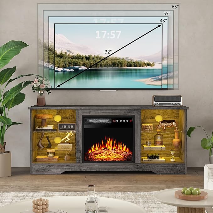 PRETZI Fireplace TV Stand with 18" Fireplace Up to 65" TVs, 58" Entertainment Center with LED Lights, TV Media Console with Adjustable Glass Shelves and Storage Cabinets for Living Room, Grey