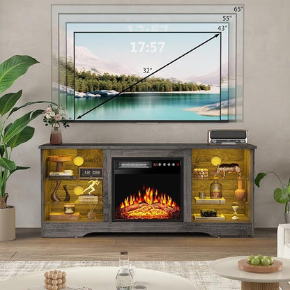 PRETZI Fireplace TV Stand with 18" Fireplace Up to 65" TVs, 58" Entertainment Center with LED Lights, TV Media Console with Adjustable Glass Shelves and Storage Cabinets for Living Room, Grey