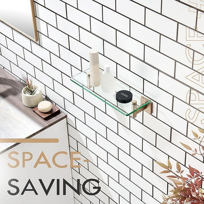 KOKOSIRI Wall Shelves Bathroom Hardware Glass Floating Shelf Small Hanging Rack Storage/Room Decor 12-Inch Champagne Bronze 2 Pack B1105CPG-L12-P2