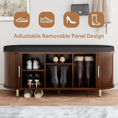 DHH 2-Tier Storage Bench, 43.3" Wide Shoe Bench with Thickened Padded Seat Cushion, Mid Century Modern Fluted Sliding Door and Adjustable Shelf, for Entryway, Living Room, Bedroom(Walnut)