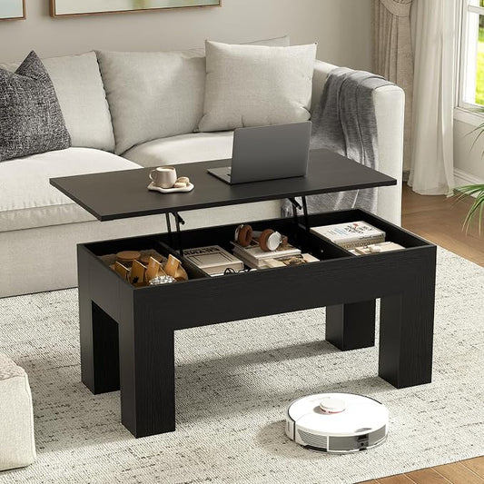 FABATO 41.7'' Lift Top Coffee Table, Wooden Rectangle Coffee Table with Hidden Storage, Large Center Table Adjustable Height Sofa Table for Living Room Office Apartment, Black