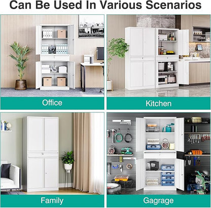 SISESOL White Metal Storage Cabinet with Drawer and Locks,Garage Storage Cabinet with Locking Doors and Adjustable Shelves,71" Tall Large Metal Cabinets with Magnetic Door for Home,Office,Garage