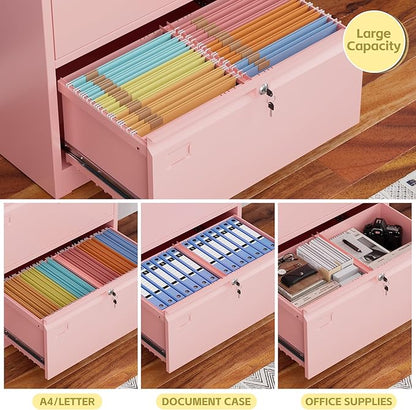 30.24" H Lateral File Cabinet 2 Drawer,Metal Wide Filing Cabinet with 2 Locks and Business Card Slot for Home Office School Hanging Letter/Legal/F4/A4 Size Folders,Required Assembly,Pink