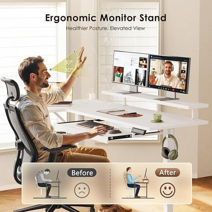 OffiGo 55 Inch Electric L Shaped Standing Desk with Keyboard Tray, Reversible Height Adjustable Corner Computer Desk with Monitor Stand, Sit Stand Up Lift Table for Home, Office, White