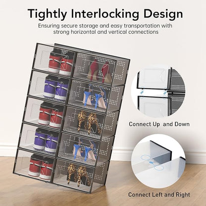 Foluck X-Large 15 Pack Shoe Storage Organizer Box Clear Plastic Stackable | Interlocking Design, Sturdy Dustproof Breathable, Fits Men's Size 10 Women's Size 11, for Closet Entryway Under Bed