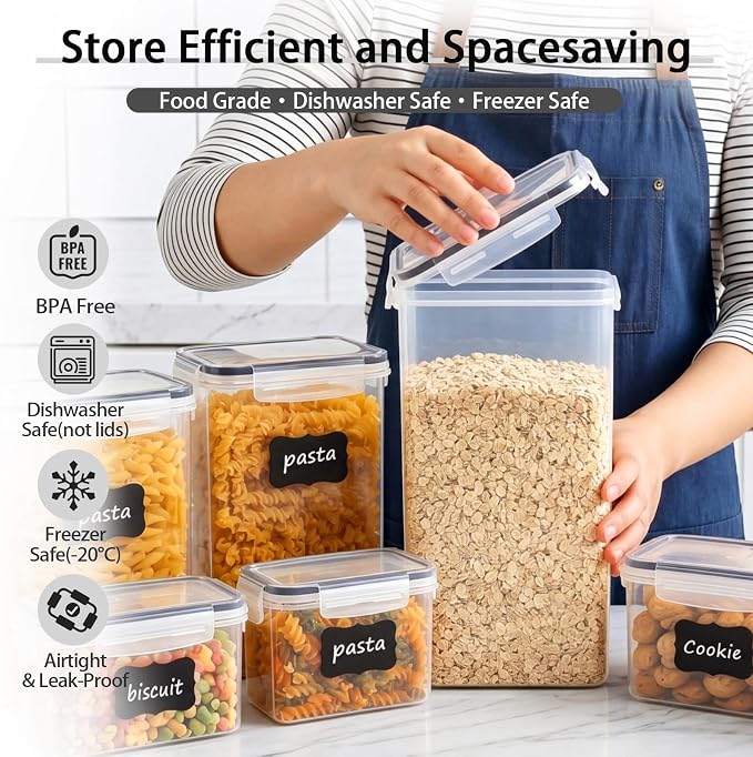7 PCS Airtight Food Storage Containers with Lids, BPA Free Clear Plastic Kitchen and Pantry Organization and Storage Set for Flour, Sugar, Cereal, Pasta, Includes 7 Labels and Marker