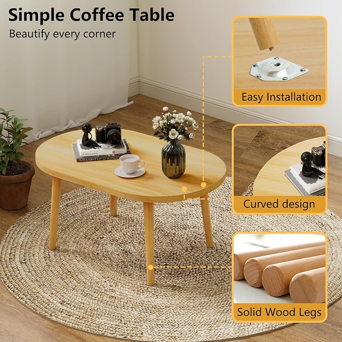 Oval Coffee Table Low Table with 4 Solid Wood Sturdy Legs,Floor Table Desk for Sitting on The Floor,19.7"D x 31.5"W x 16"H Inches,Living Room/Toy room Furniture,Rental house Furniture (Natural-Oval)