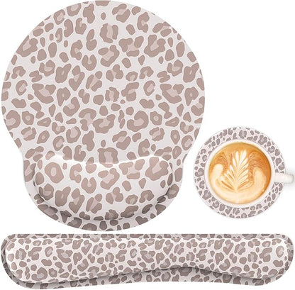 Ergonomic Mouse Pad with Wrist Rest and Keyboard Wrist Rest, Mousepad and Wrist Rest for Computer Keyboard, Pain Relief, Non-Slip Rubber Base, Mouse Pad with Wrist Support for Gaming, Leopard