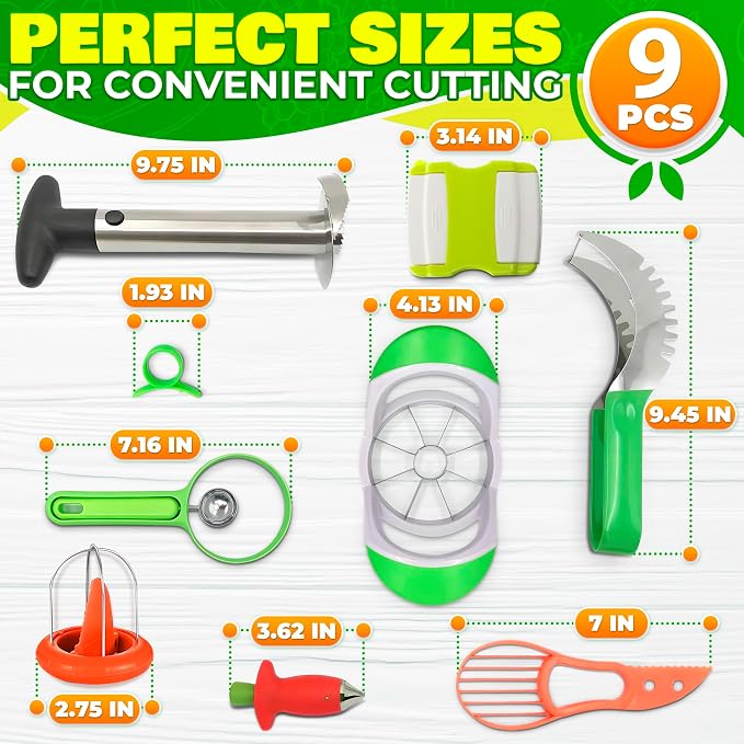9 Pcs Fruit Slicer Set – Pineapple Corer and Slicer, Watermelon Cutter, Strawberry Huller, Apple Cutter, Avocado, Kiwi Tool and More – Stainless Steel Fruit Cutting Tools for Summer Parties and BBQs
