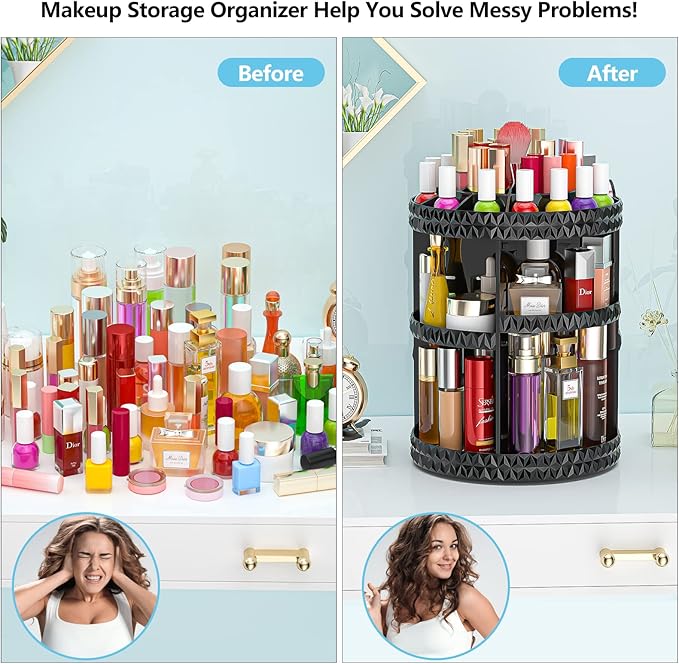360 Rotating Makeup Organizer, DIY Adjustable Cosmetics Organizer[Patented Product], Professional Acrylic Make Up Caddy Shelf Storage Perfume, Lipsticks, Makeup Brushes or Accessories (Black)