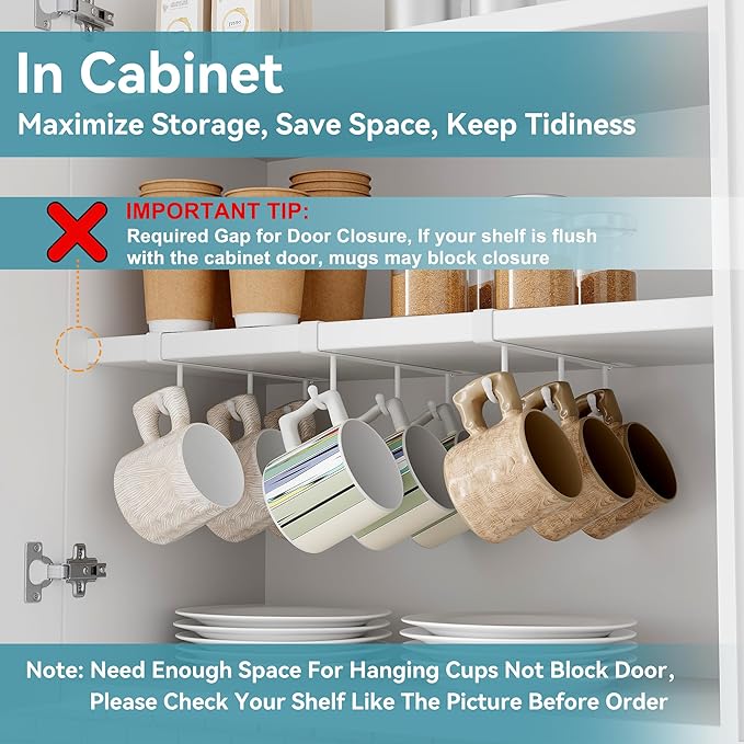 ECROCY Coffee Mug Holder Under Cabinet Only Fits Shelves up to 3/4" Thick, Clip-On Coffee Mug Organizer Pack of 3, No Drilling Free Damage