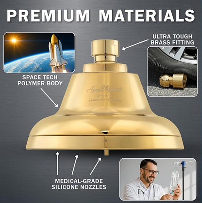 Aqua Elegante Massage Shower Head With Mist - High Pressure Boosting, Adjustable Massaging Rainfall Showerhead For Low Flow Showers With Water Saving Nozzles - 1.8 GPM - Polished Brass