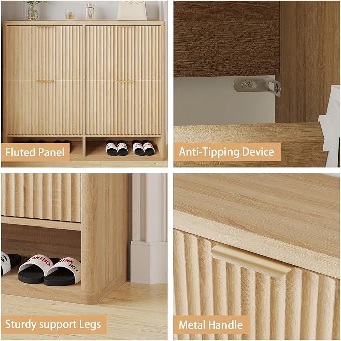 Shoe Storage Cabinet for Entryway with 4 Flip Drawers, 47.2" Large Modern Freestanding Shoe Organizer with Fluted Doors & Hidden Shoe Rack - Slim Enclosed Shoe Rack for Hallway (Oak)