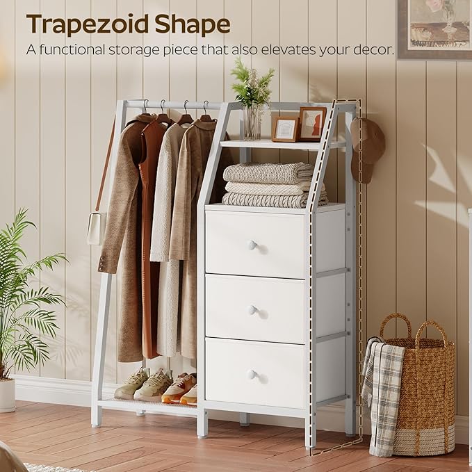 Dresser with Hanging Rack, Reversible Chest of Drawers for Bedroom, 3 Fabric Storage Drawers Dresser with Clothes Rack and Open Shelf, for Closet, Entryway, White