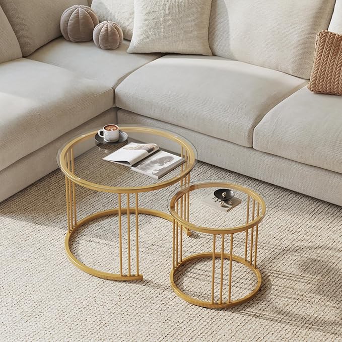 Garden 4 you Nesting Coffee Table, 23.6" Round Coffee Table Set of 2, Glass Nesting Table with Metal Frame, Ceter Tables for Living Room Bedroom Balcony, Gold
