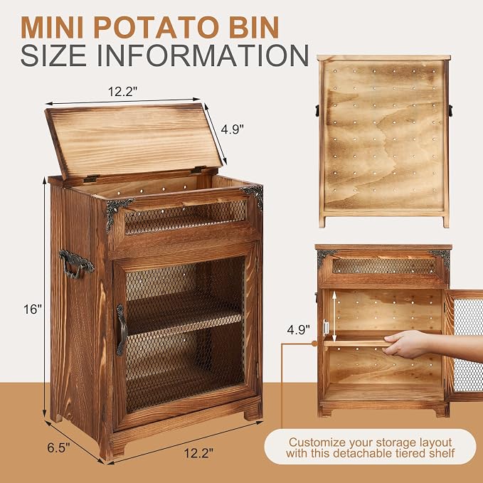 Mini Potato and Onion Storage Bin - Wooden Storage Box for Kitchen Countertops, Vegetable Storage Bins, 12.2" W x 6.5" D x 16" H (Black)