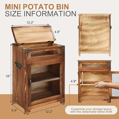 Mini Potato and Onion Storage Bin - Wooden Storage Box for Kitchen Countertops, Vegetable Storage Bins, 12.2" W x 6.5" D x 16" H (Rustic Color)