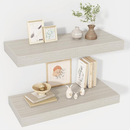 Acovy 24 Inch Floating Shelves, 12" Deep Floating Shelf Wall Mounted, 24" Wall Shelves, Rustic Deep Bookshelf, Extra Deeper & Thicker Display Shelves for Bedroom, Living Room, Gray, Set of 2