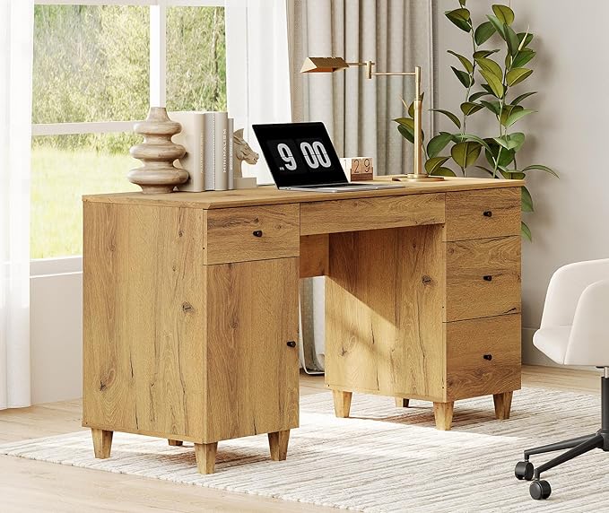 WAMPAT Executive Desk with Drawers & Storage Cabinet, 58 Inch Modern Wooden Office Desk with Charging Station & Keyboard Tray, Home Office Large Computer Desk, Work & Study Writing Desk, Oak Brown