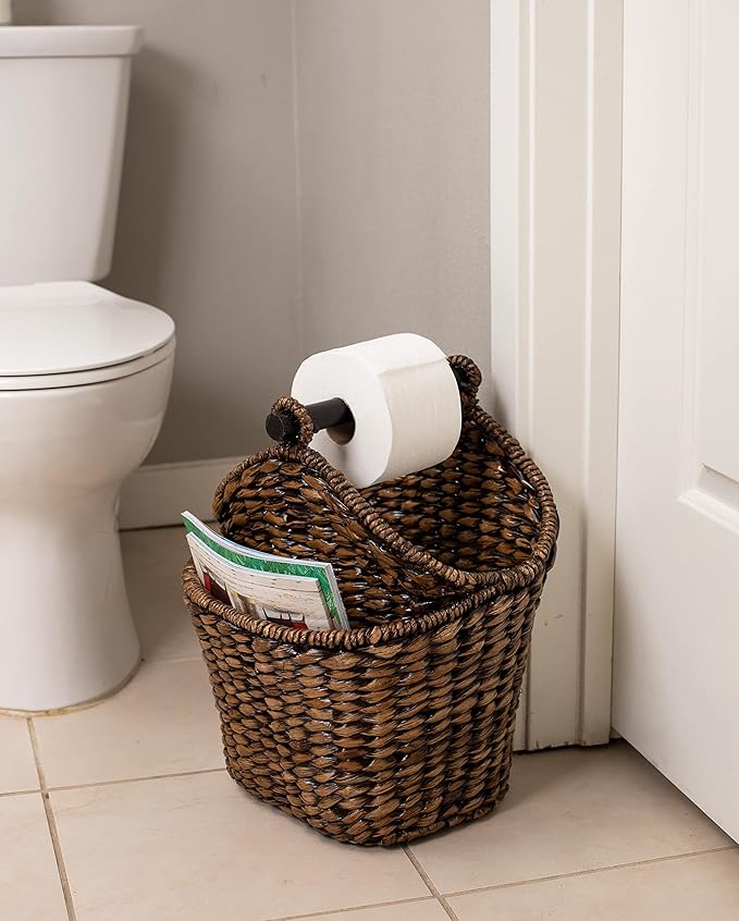 BIRDROCK HOME Seagrass Magazine and Bathroom Basket - Hand Woven Toilet Paper Holder with Pocket - Grey Wash - Stylish Decorative Design - Wooden Basket Décor - Dispenser