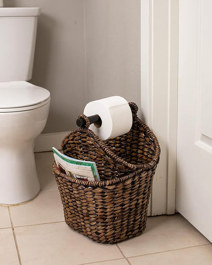 BIRDROCK HOME Seagrass Magazine and Bathroom Basket - Hand Woven Toilet Paper Holder with Pocket - Grey Wash - Stylish Decorative Design - Wooden Basket Décor - Dispenser