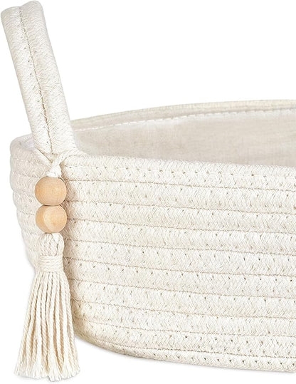 Mkono Small Storage Basket for Toilet Tank Top Boho Bathroom Decor Woven Rope Toilet Paper Tray Organizer for Shelf Bedroom Living Room, White, 1 Pack, 15.7" L x 6" W