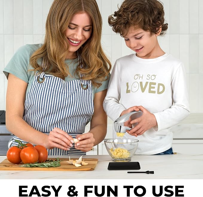 Zulay Kitchen Large Premium Garlic Press Set – Rust Proof & Dishwasher Safe, Bigger Bowl Garlic Mincer Tool with Silicone Garlic Peeler & Brush, Easy Squeeze & Clean, Ergonomic Handle - Chrome