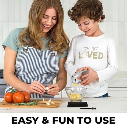 Zulay Kitchen Large Premium Garlic Press Set – Rust Proof & Dishwasher Safe, Bigger Bowl Garlic Mincer Tool with Silicone Garlic Peeler & Brush, Easy Squeeze & Clean, Ergonomic Handle - Chrome
