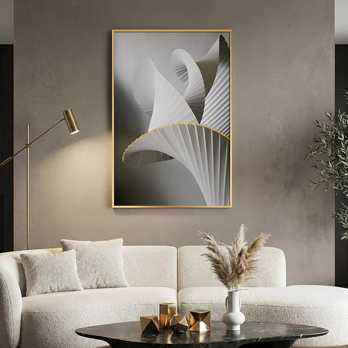 Framed Black and White Abstract Wall Art, Modern Canvas Prints Paintings for Walls, Contemporary Minimalist Gray Gold Fold Geometric Pictures for Living Room Dining Bedroom Hallway Wall Decor 24x36 In