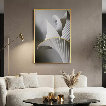 Framed Black and White Abstract Wall Art, Modern Canvas Prints Paintings for Walls, Contemporary Minimalist Gray Gold Fold Geometric Pictures for Living Room Dining Bedroom Hallway Wall Decor 24x36 In