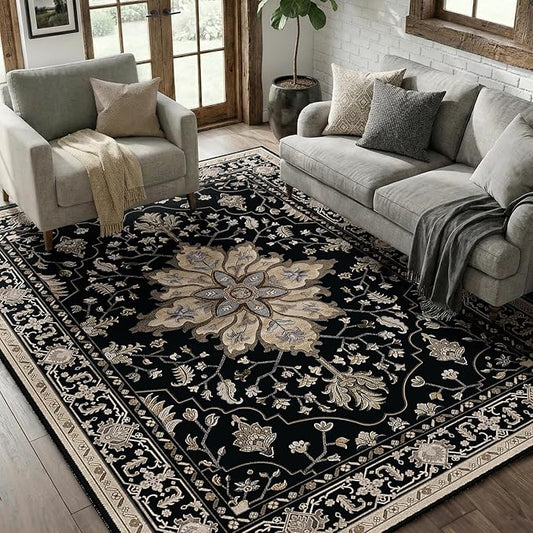 RELEANY Area Rugs 5'x7' Washable Non-Slip, Floral Vintage Distress Medallion Carpet for Living Room Bedroom Dining Room, Black Brown Neutral Dark Tan