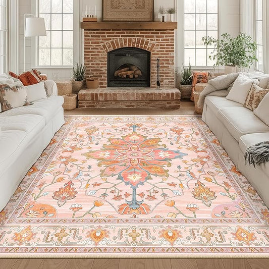 RELEANY Area Rugs Square 8ft Washable Non-Slip, Floral Vintage Distress Medallion Carpet for Living Room Bedroom Dining Room, Light Pink Colorful