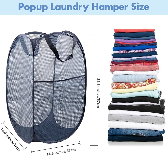 DUCOO Pop Up Laundry Hamper, 70L Collapsible Mesh Laundry Basket with Side Pocket, Foldable Dirty Clothes Hamper with Sturdy Reinforced Handles for Home Dorm Bedroom Travel Storage, Blue, 2Pack