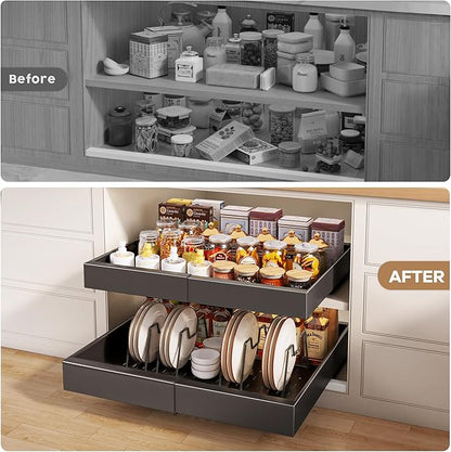 Seinloes 4 Pack Pull out Cabinet Organizer 21"Deep with Raising Pad for Framed Cabinets, Expandable Slide out Drawers for Kitchen Cabinets with 4pcs Divider Racks, Roll out Shelves 12.1"-20.4" W Black