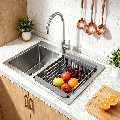 Dish Drying Rack, Stainless Steel Dish Drainer with Adjustable Arms Holder Functional Kitchen Sink Organizer for Vegetable and Fruit, Gray Large