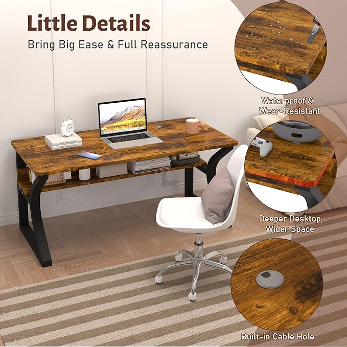 Computer Desk 47/55 Inch Home Office Desk with Storage Shelf & Cable Management, Wide Work Desk with Metal Legs for Home Office Study Bedroom (Brown-55inch)