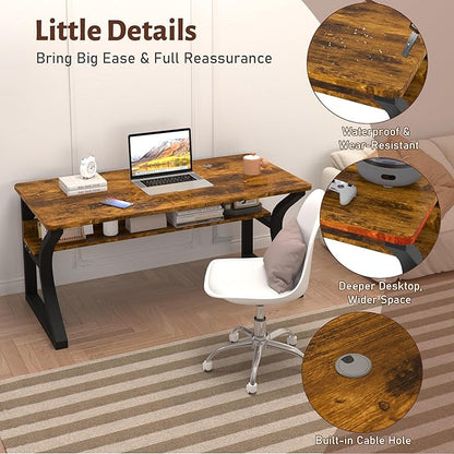 Computer Desk 47/55 Inch Home Office Desk with Storage Shelf & Cable Management, Wide Work Desk with Metal Legs for Home Office Study Bedroom (Brown-55inch)