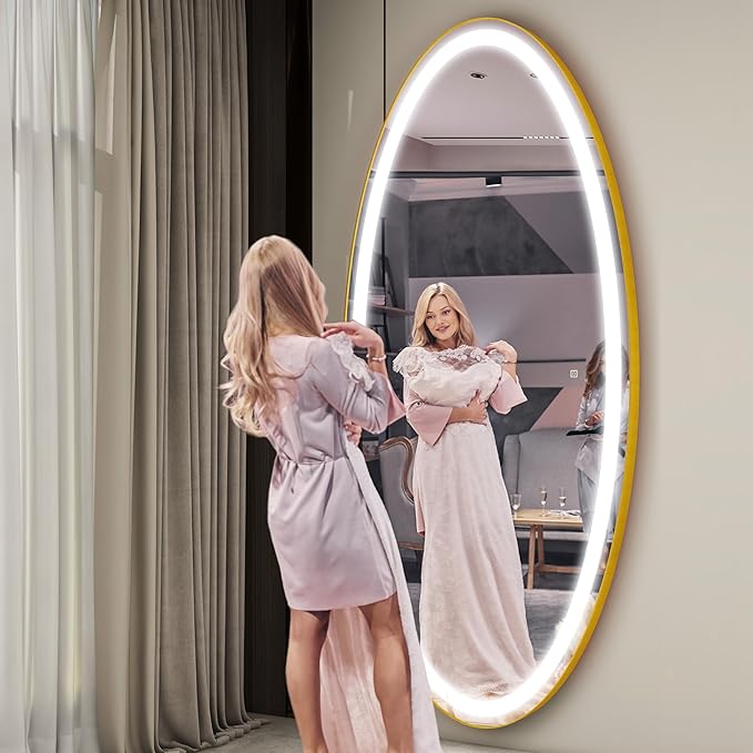 FENNIO 70" x 36" Large Wall Mounted Mirror with LED Lights, Oval Full Length LED Lighted Full Body Dressing Mirror for Bedroom, Salon, Brushed Aluminum Frame, Tempered Glass
