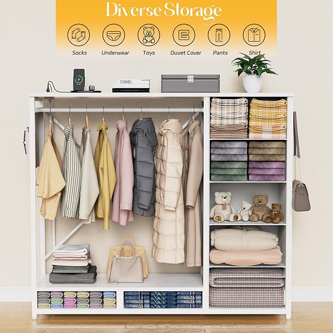 Dresser with Hanging Rack, Dresser for Bedroom with Led Lights and Charging Station, 7 Drawers Storage Chest with Hooks and Clothes Rack, Nursery White