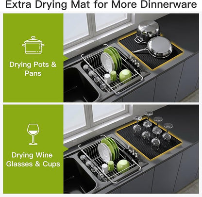 JASIWAY Dish Drying Rack in Sink with Mat, Expandable Stainless Steel Dish Drainers for Kitchen Counter, Space Saving Dish Dryer Rack for Inside Sink, Over Sink Dish Racks with Utensil Holder