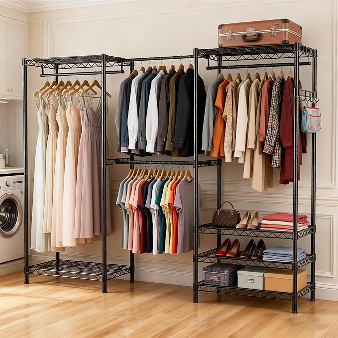 Heavy-Duty Clothes Rack, Expandable Closet Storage Unit with 6 Shelves and 4 Hanger Rods, Freestanding Bedroom Wardrobe Closet, Black