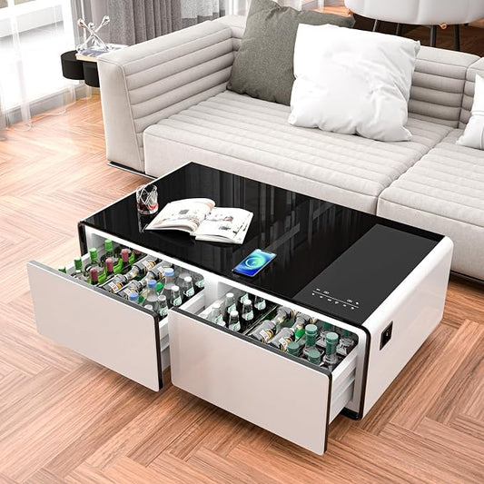 Smart Coffee Table with Fridge and Bluetooth, Smart Refrigerator Table with Dual Speakers, 15W Wireless Charger, Control Panel, Outlet Protection, USB Port, Atmosphere Light, LT135 Pro-White