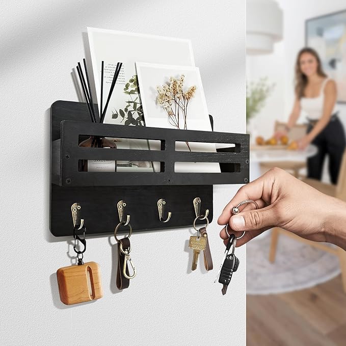 Key Holder Wall Mount, 10 inch Decorative Key and Mail Holder for Wall, with Mail Organizer & 4 Key Hooks, Rustic Wooden Key Rack for Hanging Dog Leash Sunglasses, Entryway Key Hanger, Black