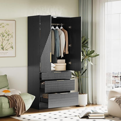 71.7" Wardrobe Armoire Wooden Closet with 2 Doors and 3 Drawers, Bedroom Armoire with Hanging Rod Shelf, Large Capacity Storage Wardrobe Armoire, Freestanding Wooden Closet Storage Cabinet Black